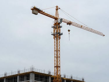 Wide environmental shot of a tower crane rising above a construction site frame, shot from ground level looking up, steel lattice against overcast sky, no workers, industrial documentary framing