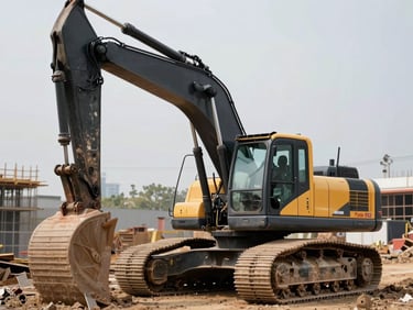 Front-angle close-up of a tracked hydraulic excavator in an active construction yard, boom arm extended, natural daylight, steel and black paint finish, no workers, industrial documentary framing
