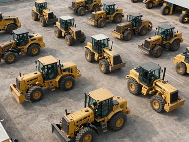 Overhead shot of a heavy equipment storage yard showing motor graders and compactors parked in organized rows, natural daylight from above, industrial scale visible, no workers