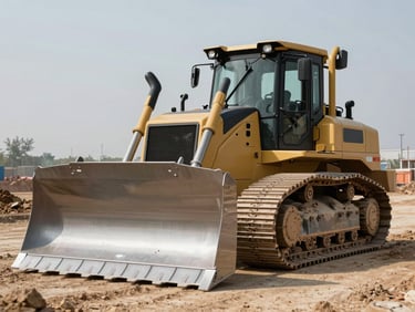 Three-quarter front view of a large bulldozer on a flat construction site, blade lowered, tracks resting on compacted earth, harsh daylight, no operators, industrial documentary framing