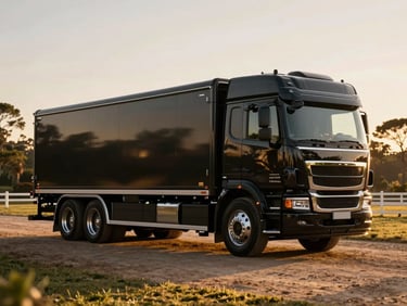 Dramatic automotive photography of a luxury custom horse truck parked in a pristine Kyalami equestrian estate during golden hour, side-lit, deep blacks and warm gold tones
