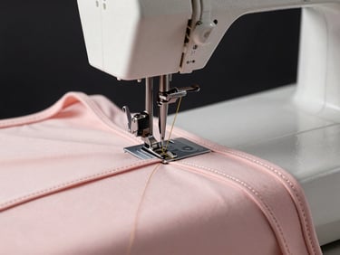 Macro detail shot of a high-precision sewing machine stitching double-reinforced seams on a blush pink leotard, clean studio environment, sharp focus on the needle and gold thread, 85mm lens