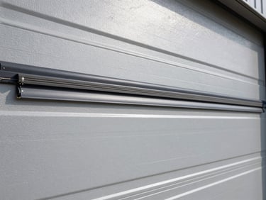 Tight close-up of a modern insulated steel garage door panel, showing the weather-stripping and metallic finish, crisp industrial photography.