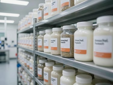 Close-up wide shot of an organized pharmaceutical manufacturing facility stockroom in Himachal Pradesh — rows of labeled ingredient containers on stainless steel shelving, clean white walls, bright overhead lighting, no people, no text visible
