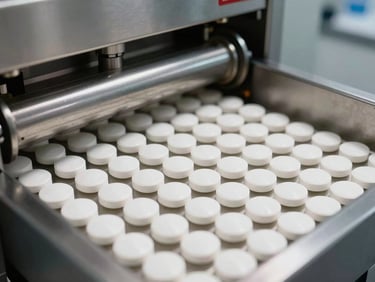 Wide close-up of pharmaceutical tablet compression machine producing uniform white tablets, controlled clean-room environment, stainless steel surfaces, clinical overhead lighting, no people
