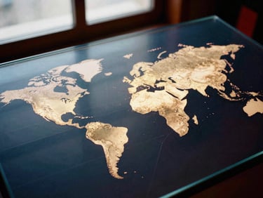 An abstract global projection map glowing softly on a dark glass surface, clean geometric lines, deep navy background with muted red accents, modern editorial style.