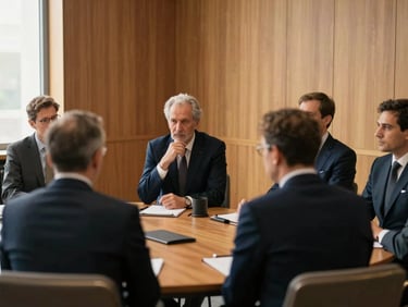 High-level roundtable discussion in a soft-lit wood-paneled room, diplomats in deep thought, warm natural window light, cinematic editorial film photography, 35mm lens