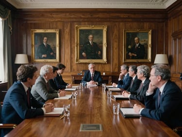 Wide environmental shot of a high-level diplomatic roundtable in a soft-lit wood-paneled room in Washington D.C., historic portraits on the wall, participants in deep thought, editorial film photography, soft natural window light, deep navy and warm gold tones, cinematic, 35mm lens.