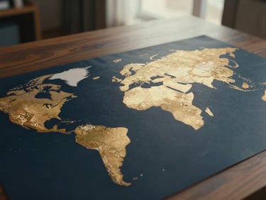 Close-up of a modern abstract global map laid out on a dark wooden table, soft warm interior lighting, cinematic editorial film photography, 35mm lens