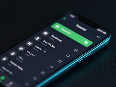 Close-up of an Android phone displaying a clean task manager app interface in dark mode, green accents, isometric device mockup, moody studio lighting, neon edge highlights.