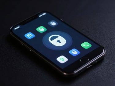 Isometric view of an Android phone showing a file vault app with abstract security icons, blue accents, sharp angles, dark mode UI, moody studio lighting.