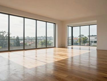 Spacious modern apartment interior with large panoramic windows, immaculate wooden floors reflecting bright natural daylight, clean negative space.