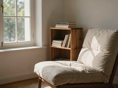 A sunlit reading corner inside the villa, featuring a low linen armchair, a small oak bookshelf with face-out paper books, and soft natural light streaming through a tall window.