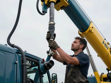 Mechanic meticulously inspecting a HIAB crane boom, harsh industrial daylight, close-up on hydraulic lines, dark turquoise and yellow accents, 35mm lens.