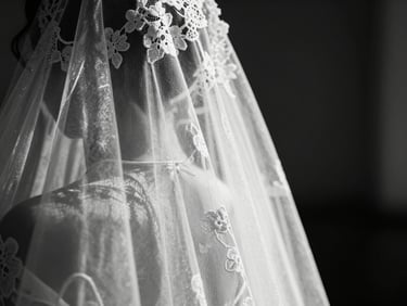Extreme close-up of a bride's lace veil catching sharp sunlight against a dark shadow background, high-contrast monochrome texture, intimate unposed detail.
