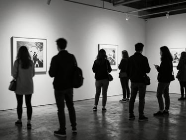 Wide environmental shot of a high-end gallery event, guests in candid motion with subtle motion blur, dramatic key lighting, deep shadows, monochrome.