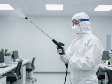 Certified technician in full PPE operating an electrostatic sprayer in a clean, modern office interior, bright high-key clinical light, sharp focus, realistic documentary style, 35mm