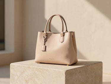 A minimalist leather handbag sitting on a cream stone pedestal, warm daylight, soft shadows, premium editorial framing