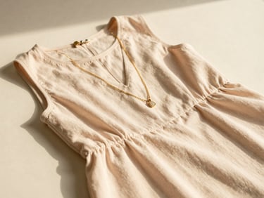 An elegant flatlay of a new seasonal outfit with gold jewelry accents, soft shadows on a warm cream background