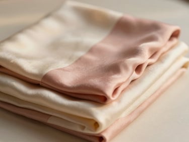 Neatly folded silk scarves in dusty rose and cream tones, soft focus background, warm daylight highlighting the texture