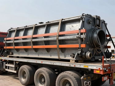 Close-up of a heavy-duty multi-axle lowboy trailer, loaded with a large piece of industrial machinery, secured with thick tension straps and chains, hard direct sunlight, gritty industrial photography.
