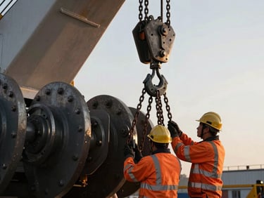 Close-up of a team member in high-visibility gear inspecting heavy-duty rigging chains and hooks attached to a massive industrial component, early morning golden hour, emphasizing metallic textures.