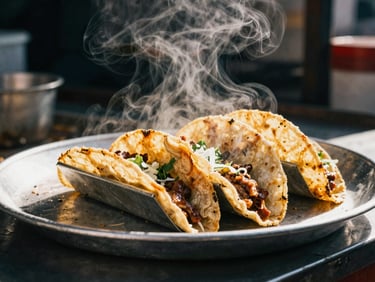 Close-up of crispy tacos on a metal plate, steam rising, harsh midday light, gritty street food stall background