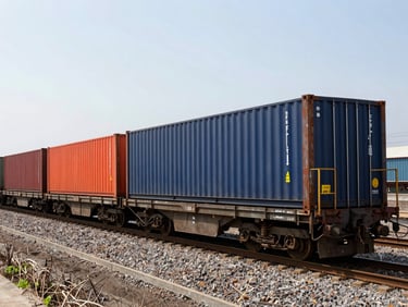 Long freight train carrying containers through an industrial landscape, bright sun, high contrast, sharp focus