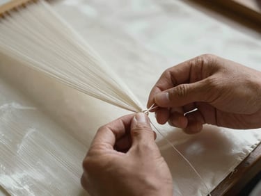 Close-up of a master artisan's hands tying minuscule knots with fine thread on pure silk fabric, preserving the organic texture before dyeing.