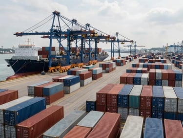 Wide shot of a major container port at midday, rows of stacked shipping containers extending to the horizon, a massive cargo vessel docked at the left third, industrial cranes overhead, flat overcast light revealing operational scale