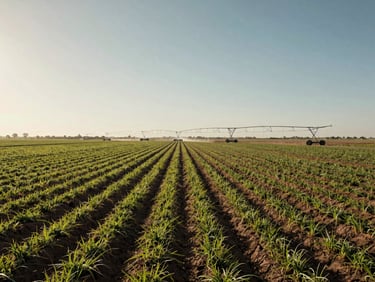 Wide shot of irrigated agricultural land in central Sudan, crop rows extending to the horizon, overhead irrigation systems active, warm natural daylight, low flat horizon