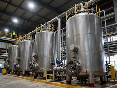 Industrial processing plant interior, large cylindrical processing vessels and pipework in an operational facility, workers in safety gear on an elevated gantry, strong overhead industrial lighting