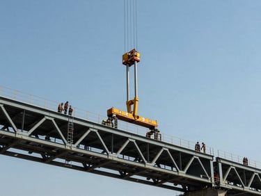 Close-up of a steel bridge construction phase in Sudan, iron lattice beams being positioned by crane against a clear blue sky, site workers visible on scaffolding, sharp midday light