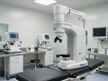 Interior of a newly equipped medical facility in Sudan, clinical examination room with modern diagnostic equipment arranged on stainless steel surfaces, controlled white lighting, no people present