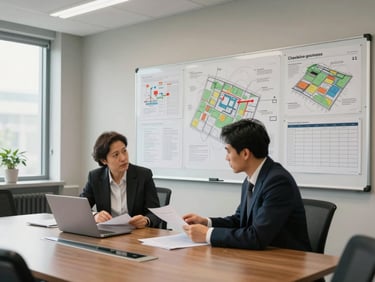 Wide shot of a corporate meeting room with technical diagrams pinned to a board, site maps and project schedules visible, two professionals reviewing documents at a conference table, natural window light from the left