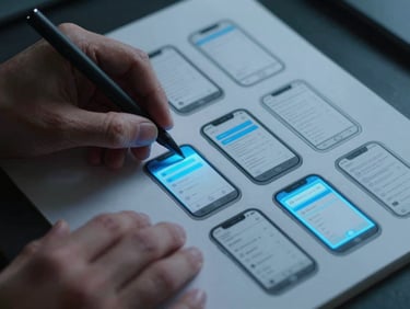 Close-up of hands sketching mobile UI wireframes on physical paper under moody workspace light, sharp neon blue highlights, 35mm
