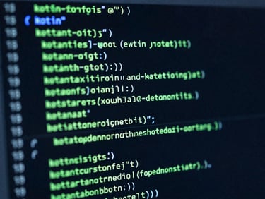 Macro screen detail of an IDE showing highly structured Kotlin code, low-key studio lighting with electric green glow, 35mm