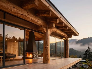 Close-up of hand-carved local timber beams meeting floor-to-ceiling glass walls, warm interior ambient light glowing from a stone hearth, evening mist outside