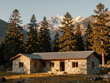 Wide environmental shot of a low-slung stone farmhouse built from local granite, surrounded by towering Himalayan pines at golden hour