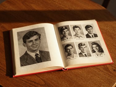 A vintage 1970s high school yearbook open on a wooden table, showing black and white student portraits, warm golden hour light, red accents