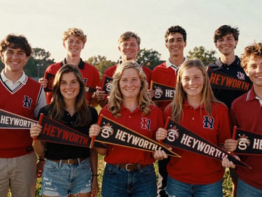 Candid shot of younger Heyworth alumni from the 2010s smiling at an outdoor reunion, holding school pennants, warm afternoon sun, red and black school colors, rich nostalgic tones.