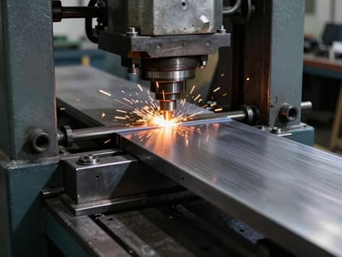 Hydraulic press brake bending a clean sheet of metal, showing precise industrial machinery angles.