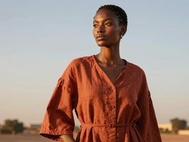 Warm sunset light over Niamey, a West African woman in modern terracotta linen tailoring, looking thoughtfully off-camera, editorial fashion photography.