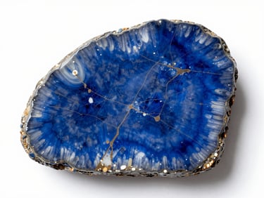 Overhead macro of Sodalite slab — deep royal blue with white calcite veins, studio strobe lighting, orthographic framing showing full color range