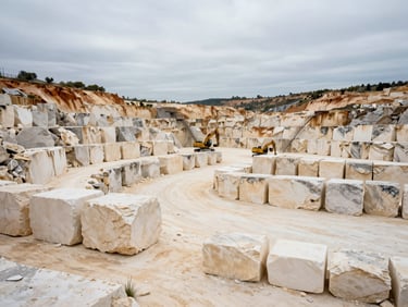 Wide environmental shot of a Portuguese limestone quarry, large pale cream-coloured stone blocks arranged in rows on the quarry plateau, heavy extraction machinery visible at mid-distance, flat overcast daylight, low horizon