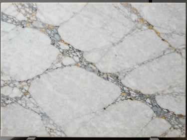Overhead macro of polished Calacatta marble slab — bright white ground with bold grey and gold veining, controlled studio strobe, orthographic crop