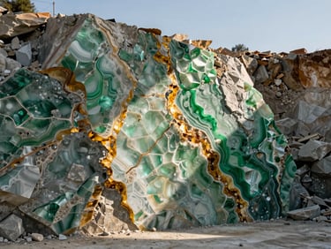 Tight environmental shot of a Spanish onyx extraction site, translucent green and amber stone veins exposed on a freshly cut quarry wall, industrial lighting raking across the surface to reveal mineral detail, minimal sky above