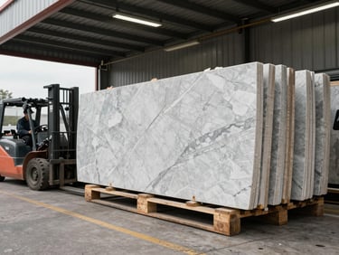 Wide environmental shot of a loading dock with crated marble slabs on pallets, forklift visible at left, overcast warehouse lighting, scale apparent from worker silhouette