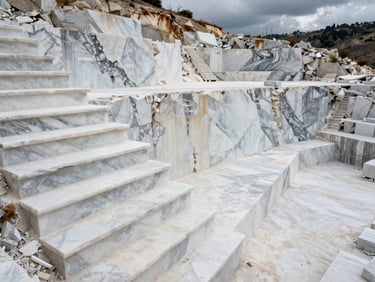 Overhead orthographic view of a Carrara marble quarry in Tuscany, Italy — brilliant white stone benches cut in precise rectangular tiers, fine dust settling on the quarry floor, overcast sky reflecting off freshly cut slab faces
