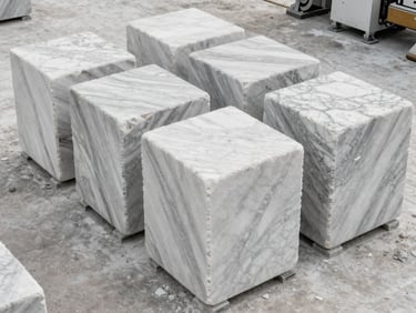 Overhead orthographic view of freshly extracted marble blocks on a quarry floor, overcast daylight revealing raw white veining and grey mineral faces, machinery visible at edge
